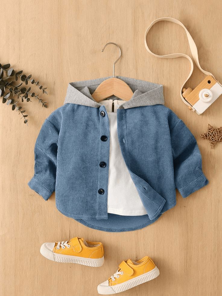 Blue hooded jacket with yellow shoes